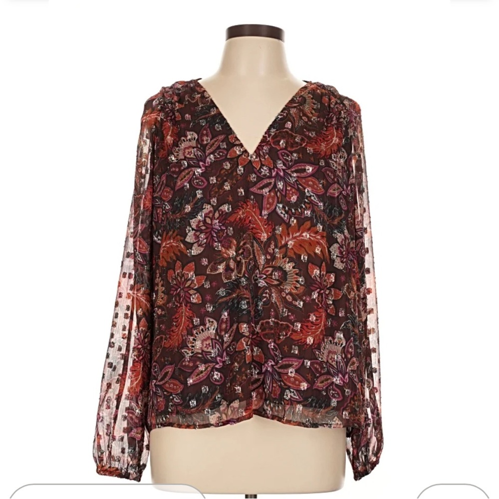 LOFT Brown Floral Sheer V-Neck Blouse